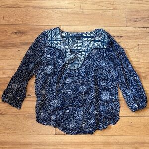 Lucky Brand Navy Blue Printed Peasant Blouse